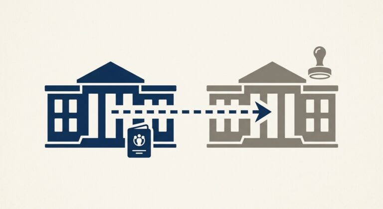 兩棟簡化的公家機關建築剪影左右並列，中間以一條帶箭頭的虛線相連，箭頭由左指向右；左側建築前有一個小小的證件本圖示，右側建築上方有一個印章圖示；配色深藍與暖灰、背景淺米白