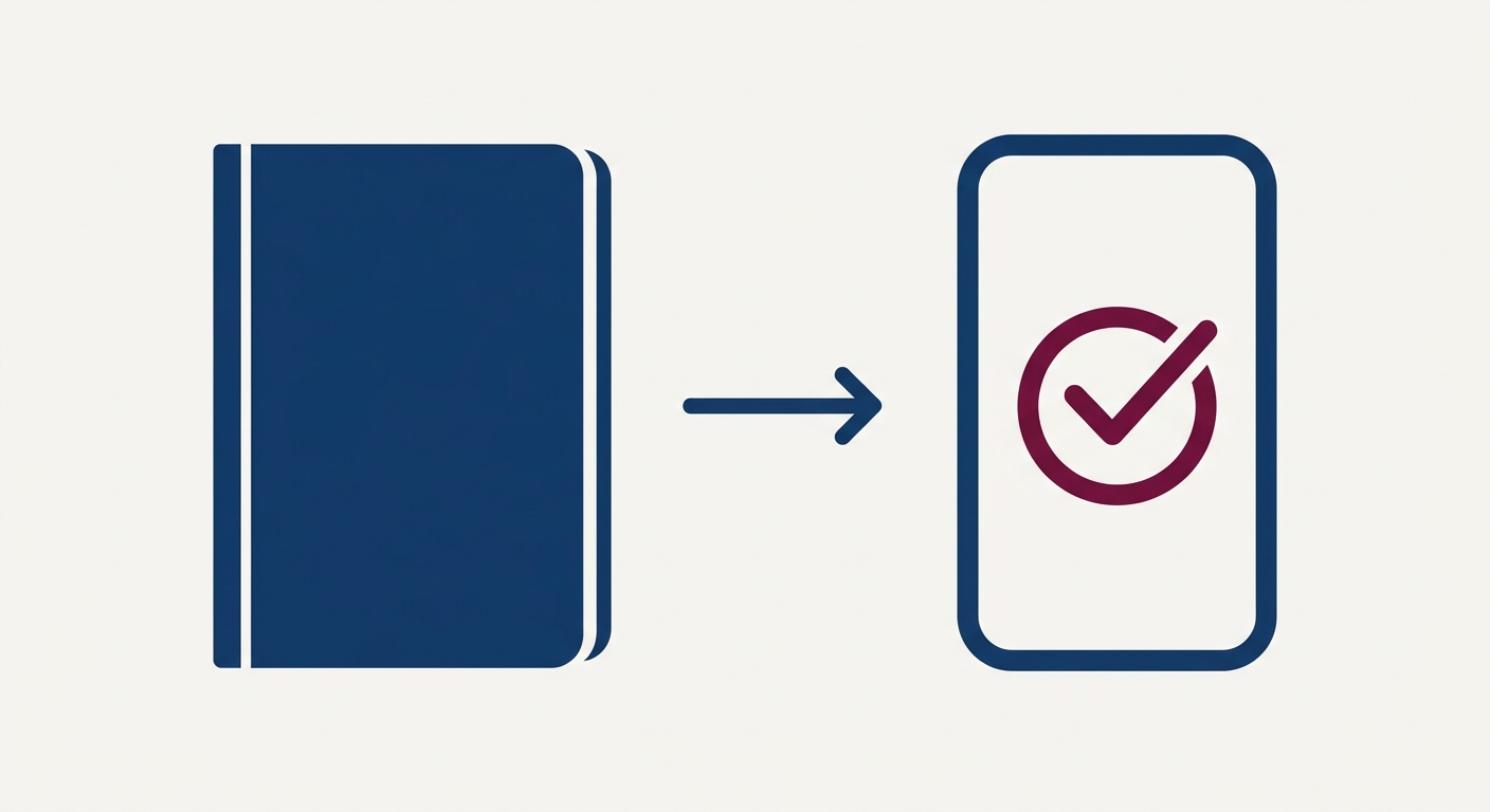 一本闔上的護照本剪影置於畫面左側,右側為一支直立手機的簡化輪廓,兩者之間以一條帶箭頭的短線相連;手機螢幕內為一個勾選圓圈圖形;配色深藍與酒紅、背景淺米白