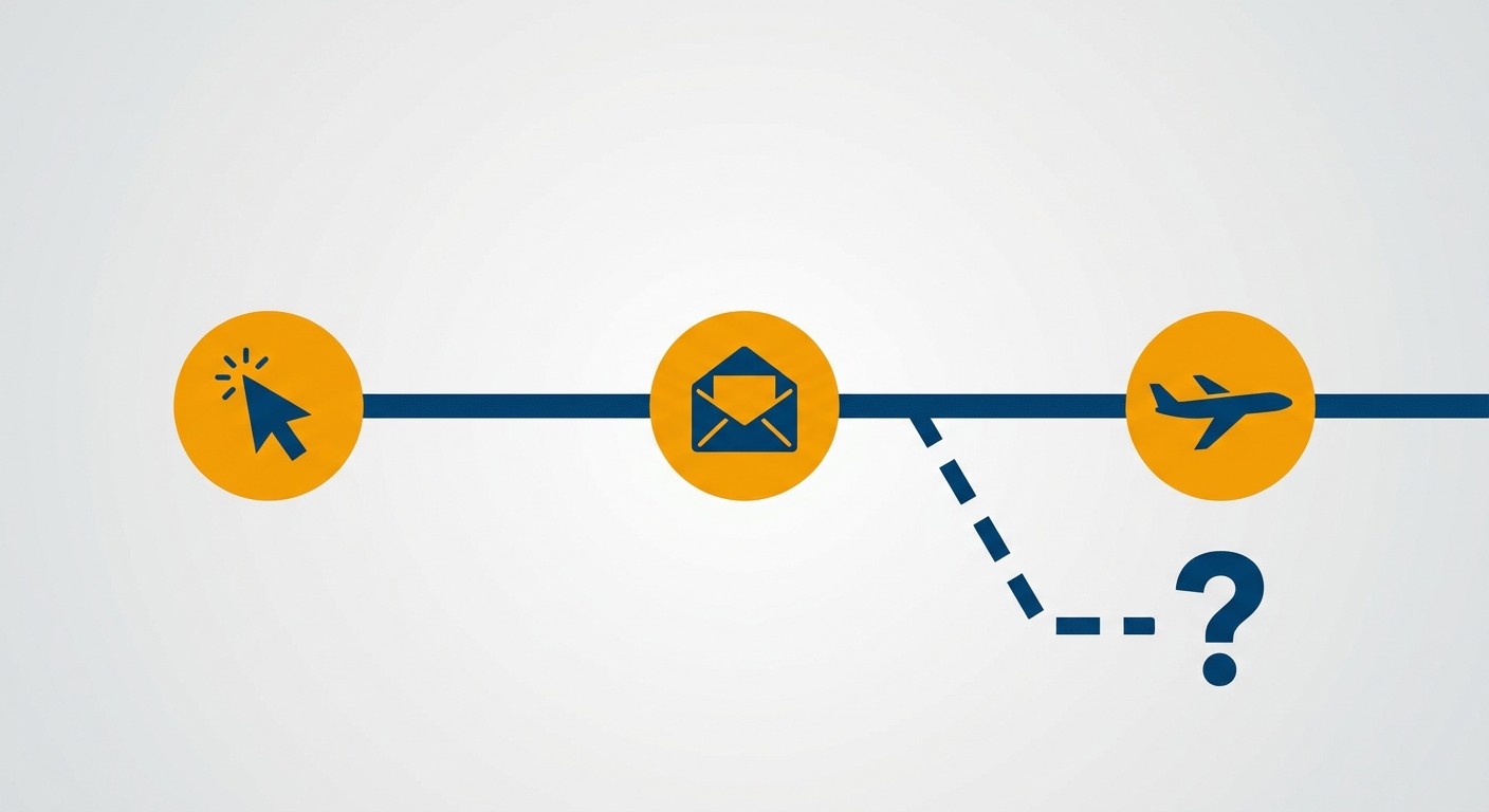 一條由左至右的水平時間軸，軸線上有三個圓形節點，第一個節點內為一個滑鼠游標圖示、第二個節點內為一個信封圖示、第三個節點內為一個飛機側面剪影；時間軸下方另有一條較短的虛線分支，分支末端是一個問號形狀的圖形；配色深藍搭配琥珀色節點、背景淺灰