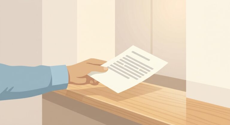 銀行櫃台前的一角，一隻手正把一張空白文件從櫃台這一側遞向另一側，只畫出手部與袖口、看不到任何人的臉；櫃台檯面乾淨，背景是淺色牆面與柔和燈光，牆上沒有招牌、看板或任何品牌標誌；文件上只有淺灰色橫條色塊；配色霧藍、米白與木色，扁平插畫風格