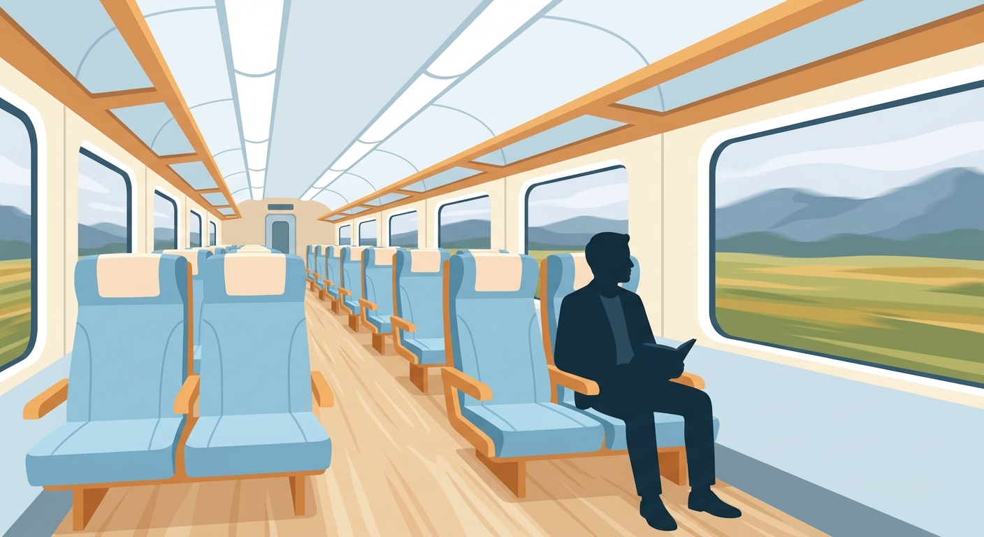 明亮的高鐵車廂內部,一排排座椅整齊延伸向畫面深處,一位旅客坐在靠窗座位上,窗外是模糊流動的田野與遠山;人物只以側面剪影呈現、看不到臉部五官;配色淺藍、米白與暖橘,扁平插畫風格